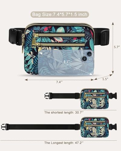 Fanny Packs for Women Crossbody Belt Bags, Waist Pack with Adjustable Strap - color: B-Blue Leaves, size: Double Layer