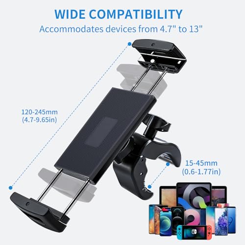 Tablet Holder Mount for Spin Bike,Phone iPad Holder Stand for Treadmill，Stationary Bicycle, Microphone Stand,Stroller, Gym,Tablet Clamp Fit for iPad Pro 12.9, Galaxy Tabs, iPhones,4.7-13”