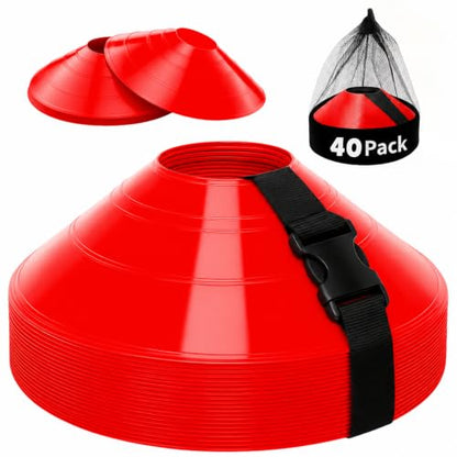 Soccer Training Cones Set, 75/50/25 Pack with Strap Holder & Carry Bag - color: Red