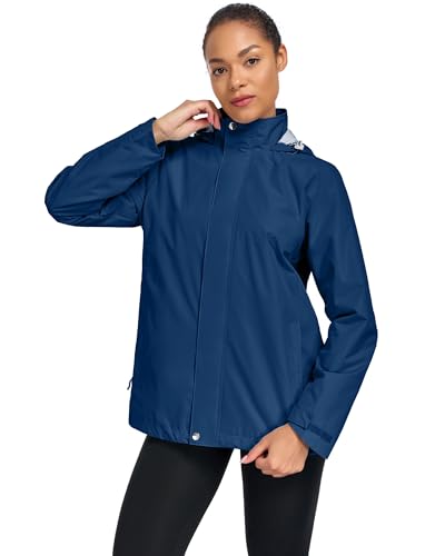 Women Waterproof Hooded Rain Jacket Lightweight Packable Trench Raincoat - color: Dark Blue, size: Large