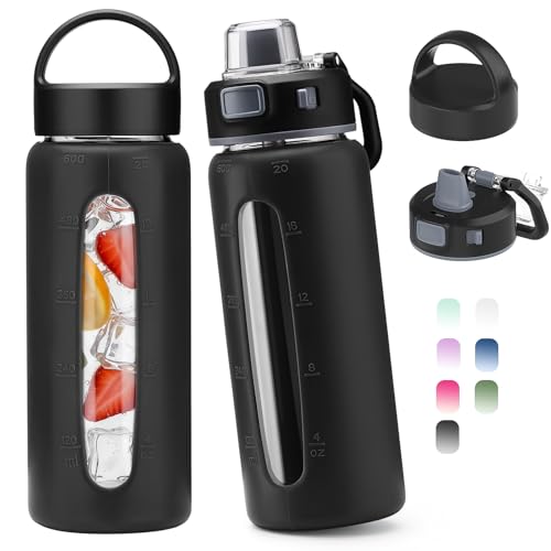 Kodrine 20oz Glass Water Bottle with Straw and 2 Lids Leakproof, Black - color: Black, size: 20 Ounces