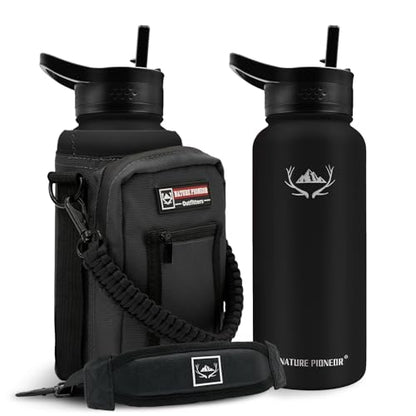 NATURE PIONEOR 32 oz Insulated Water Bottle with Carrier Bag & 3 Lids - color: Black, size: 32 Ounces