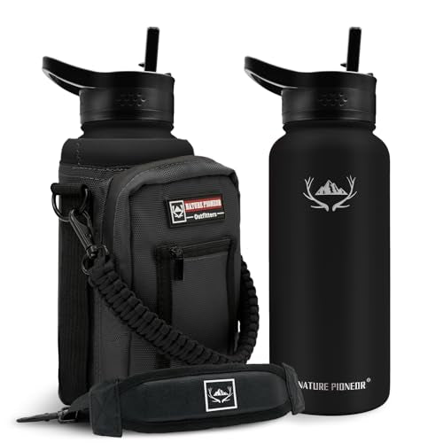 NATURE PIONEOR 32 oz Insulated Water Bottle with Carrier Bag & 3 Lids - color: Black, size: 32 Ounces