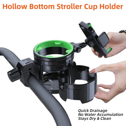 4-in-1 Universal Cup Holder for Stroller, Bicycle, Wheelchair & Shopping Cart | 360° Rotatable, Anti-Slip Silicone Grip Spill-Proof Design | Adjustable Single/Double Cup and Phone Holder【Green】