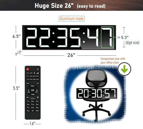 26'' Huge Digital Wall Clock, Home Gym Interval Workout Timer Clock, with Seconds Countdown/up, Stopwatch, 8-Alarms, 7-Color Night Light for Tabata/HIIT/MIIT/EMOM/FGB/Boxing (White)