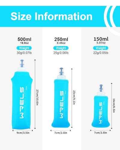 WRELS TPU Soft Flask Lightweight Portable Reusable Water Bottle,BPA Free Collapsible Flask for Hydration Pack in Running Hiking Cycling and Marathon - color: 500ml/16.9oz-2 Pack-Light Blue