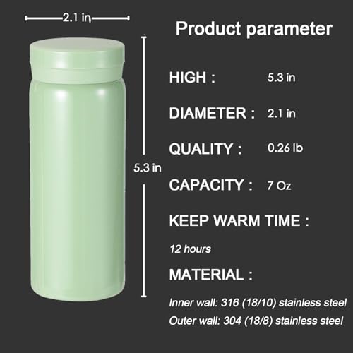 Mini Thermos Cute Water Bottle - 7 oz Tiny Insulated Vacuum 18/10 Stainless Steel Small Flask - Leak Proof & Spill Proof & Keeps Cold and Hot for Drink, Coffee, Tea - Light Green - color: Light Green, size: 6.8 Ounces