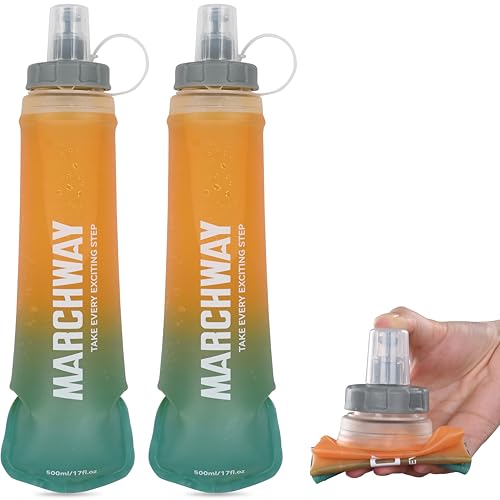 MARCHWAY Soft Hydration Flask with Wide Mouth, 300ml/500ml Collapsible TPU Water Bottle, Leakproof Portable Flexible for Running, Hiking, Cycling, Climbing, Gym, Travel (2pcs Orange-Green 500ml) - color: Orange Green, size: 500ML