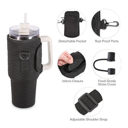 &And Per Se Water Bottle Shoulder Bag with Phone Pocket, Compatible with Stanley 30oz Tumblers - Neoprene Carrier with Adjustable Strap & Charm Accessory (Black) - color: Black, size: 30oz