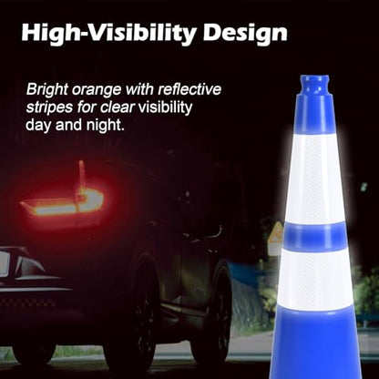 4 Pack 28 Inch Blue PVC Traffic Cones Black Base Stable Flexible, Road Safety Construction Zone Crowd Control Parking Safety Cones (4, Blue, 28 Inch) - color: Blue, size: 28 Inch