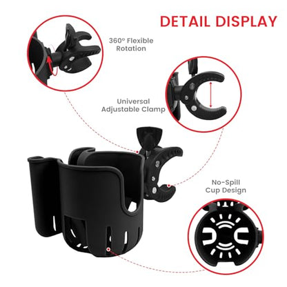 2-in-1 Universal Stroller Cup Holder with Phone Holder - Black