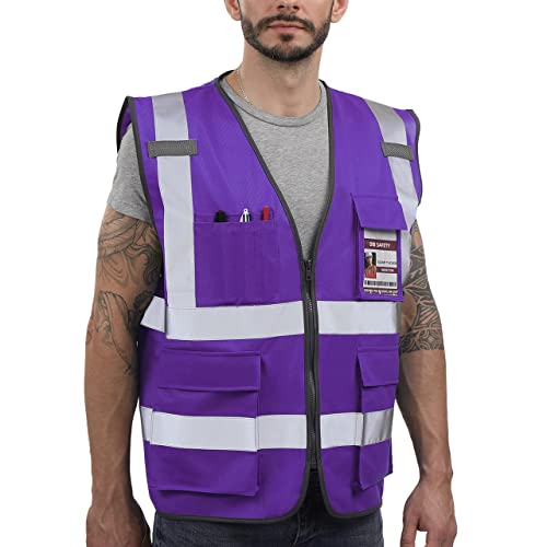 Dib Safety Hi Vis Reflective Safety Vest for Men Women with Pockets Zipper - color: Purple, size: Small