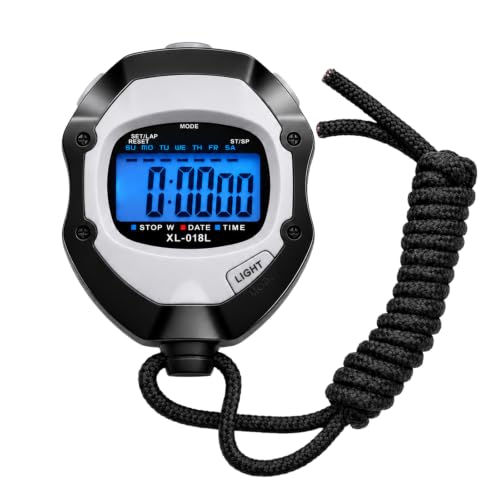 Digital Stopwatch Timer for Sports - Large Backlit Display, Single Lap/Split, 12/24H Clock, Calendar, Alarm & Hourly Chime for Coaches, Track and Field Training, Running, Soccer, Workout
