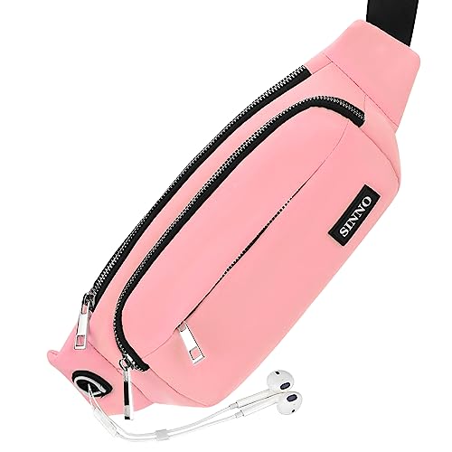 SINNO Large Crossbody Fanny Pack for Women Men Belt Bag With 4-Zipper Pockets for Travel Running Hiking Workout Dog Walking Outdoors Sport Fishing Waist Pack Bag Carrying All Phones - color: Bright Pink(4 Zipper Pockets)