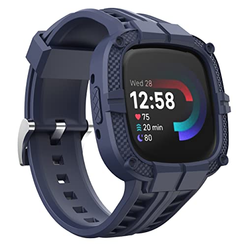 Compatible for Fitbit Versa 4/ Fitbit Sense 2 Bands Men, Rugged Protective Case with TPU Sport Band Smartwatch Wristband Blue - color: Blue