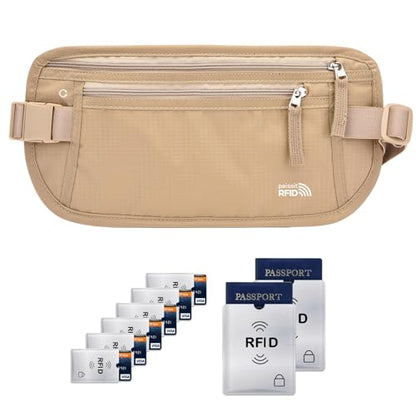 Unisex Money Belt with RFID Blocking Sleeves, Slim Passport Holder RFID Blocking Travel Essentials, Waist Pouch to Protect Cash, Beige & 6 Sleeves - color: Beige & 6 Sleeves, size: Medium