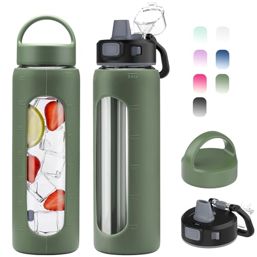 Kodrine 24oz Glass Water Bottle With Straw and 2 Lids, Olive - color: Olive, size: 24 Ounces