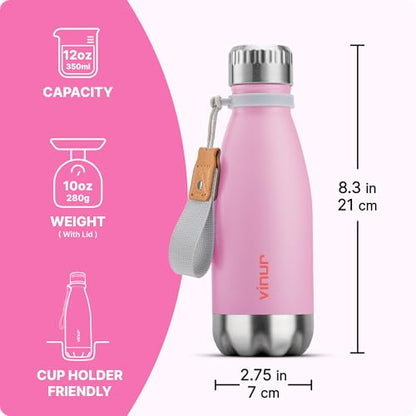 Small Water Bottle-12 oz Leak Proof Insulated Water Bottle with Carry Rope - color: Purple Pink, size: 12 Ounces