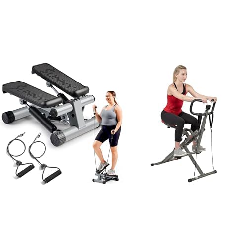 Sunny Health & Fitness Mini Stepper Machine, Stair Stepper Exercise Equipment with Resistance Bands for Home Workout + Row-N-Ride™ PRO Squat Assist Trainer, Rowing Machine for Glute Workout