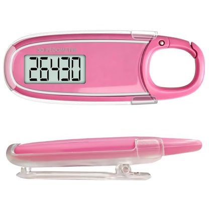 3D Pedometer for Walking with Removable Clip and Carabiner Simple Step Counter for Walking Accurate Clip On Step Tracker for Men Women Kids - color: Pink