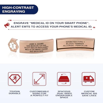 Divoti Custom Dual-Sided Engraved Silicone Medical Alert ID Wristband w/Security Clasp & Trim-to-Fit Band - Style - color: Carmella Blue / PVD Rose Gold / White, size: Band Width - 13mm