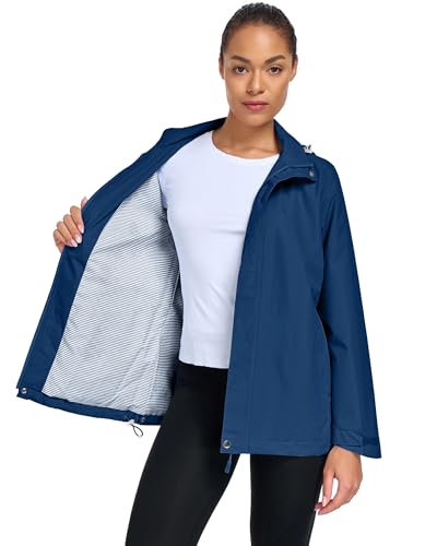 Women Waterproof Hooded Rain Jacket Lightweight Packable Trench Raincoat - color: Dark Blue, size: Small