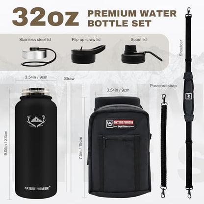 NATURE PIONEOR 32 oz Insulated Water Bottle with Carrier Bag & 3 Lids - color: Black, size: 32 Ounces
