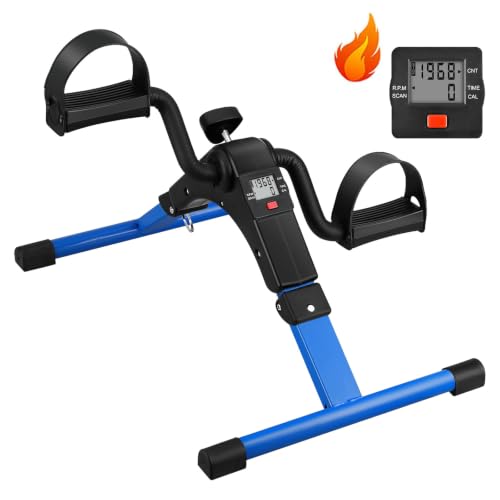 Folding Pedal Exerciser - Mini Exercise Bike Under Desk Bike Pedal Exerciser with LCD Display for Arms and Legs Workout, Portable Desk Bike Peddler Machine for Adults & Seniors - color: Blue