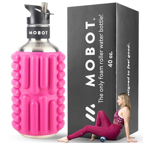 MOBOT Portable Travel Foam Roller Water Bottle with Sip Straw, Stainless Steel Screw Lid | Insulated Sports Water Bottle and Foam Rollers for Yoga, Workout, Home Gym, & Exercise 40oz. (Pink) - color: Pink, size: 40 Ounces