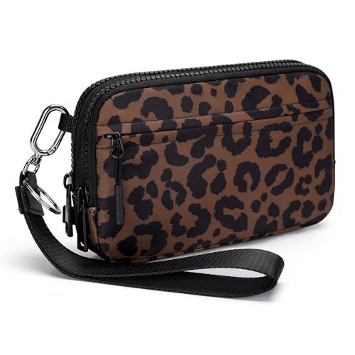 FODOKO Wristlet wallets for Women RFID crossbody bags with 4 Zippers - color: Brown Leopard