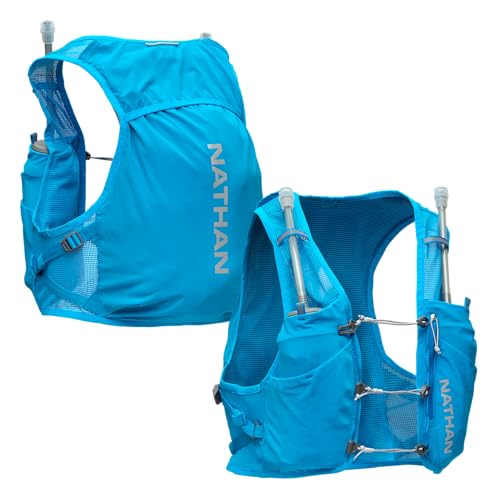 Nathan Hydration Vest - Lightweight, Quick-Fit Fix, Reflective, 4L Storage, Six Pockets, Two 14oz Flasks, Pinnacle Breeze - size: XX-Large, style: Electric Blue