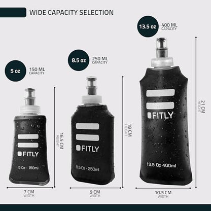 FITLY FLASKS Combo - 3 Handheld Soft Flask, Collapsible Water Bottles for Running, Marathon, Hiking, Cycling (5 oz, 8.5 oz, 13.5 oz / 150-250-400 ml) - color: Black, style: Sporty