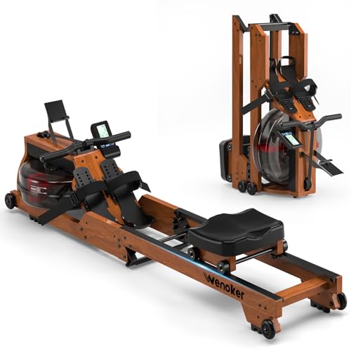 Water Rowing Machine for Home Use, WENOKER Wooden Foldable Rower Machine with Dedicated Monitor & Bluetooth APP, Large Water Tank & Comfortable Seat for Immersive Water Rower, 350LBS Weight Capacity - color: Medium Oak