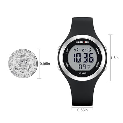 GOLDEN HOUR Waterproof Sport Women's Digital Chronograph Silicone Strap Watch - color: Silver Black