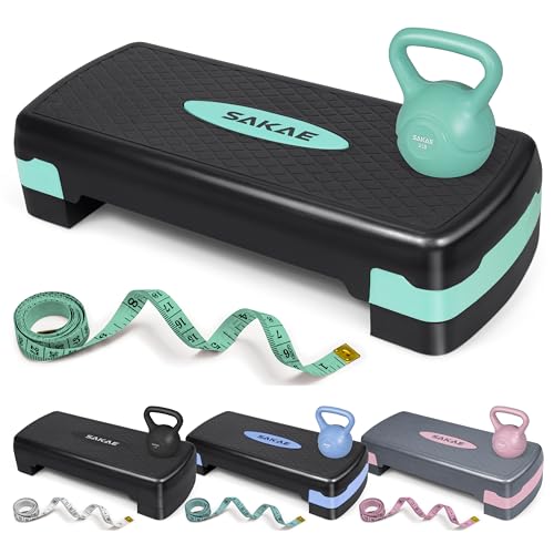 SAKAE Step Aerobics Platform Set with Kettlebell & Measuring Tape, Aerobic Steppers for Exercise at Home, Adjustable Height 2 Level Risers Workout Step Trainer with Non-Slip Surface, Multiple Colors - color: Green