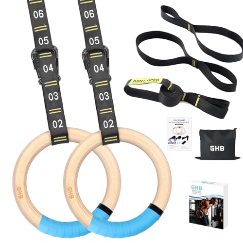 GHB Gymnastic Rings Wooden Gym Rings 1.25" - style: 32mm Rings & Carabiner Numbered Straps Set