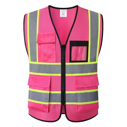 Reflective Safety Vest for Men Women Hi Vis Vest with 8 Pockets High Visibility Mesh Reflective Vest Meets ANSI/ISEA Standards (Pink-07,Medium) - color: Pink, size: Medium