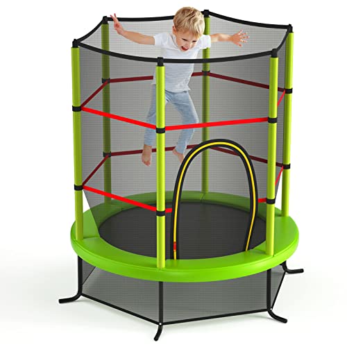 GYMAX Toddler Trampoline, 55” Trampoline for Kids with Bottom-to-Top All-Round Enclosure Net & Seamless Jumping Mat, ASTM Approved Easy Assembly Kids Mini Trampolines Indoor/Outdoor - color: Grass Green