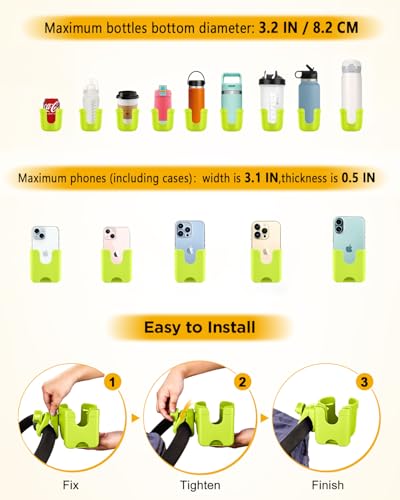 Universal Stroller Cup Holder with Mobile Phone Case, 2-in-1 Strollers Storage Rack, 360 Degrees Rotation Drink Holder for Bike, Pushchair, Wheelchair, Walker,Bicycle, Fits Most Cups (Green) - color: GREEN
