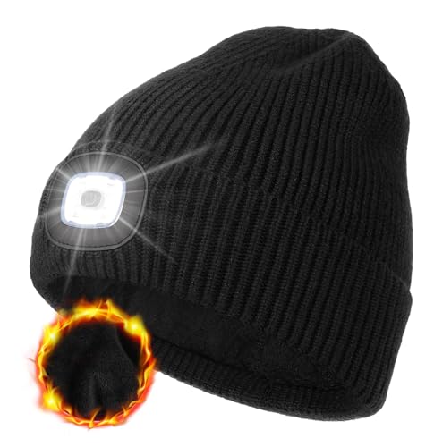 MELASA Winter Fleece Lined Beanie with The Light, Warm Gifts for Men Dad - color: Black