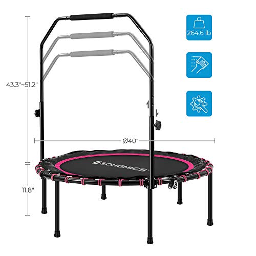 SONGMICS 40 Inches Mini Fitness Trampoline, Fitness Rebounder with Adjustable Handrail, Foldable Trampoline for At-Home Workout, Max. Load 264.6 lb - color: Pink + Black