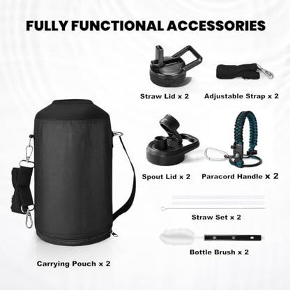 RAYMYLO One Gallon Water Bottle Insulated 128 oz 2 Pack, Stainless Steel - color: Magic Black+Indigo/Black, size: 128 Ounces