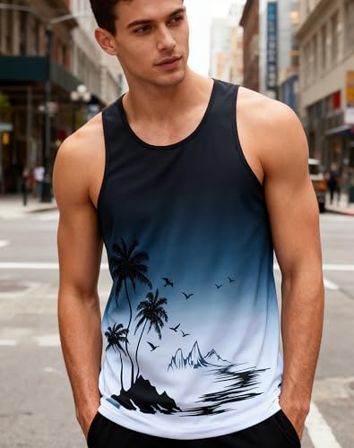 uideazone Mens Beach Tank Tops Summer Graphic Sleeveless Workout Shirt - color: Black Grey, size: XX-Large