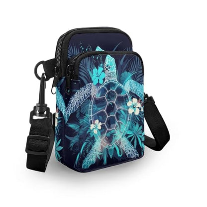 Hawaiian Tribal Small Crossbody Bags for Women Cell Phone Bag Purse, Sea Turtle Zipper Sling Purses Shoulder Bag - color: Sea Turtle Flowers