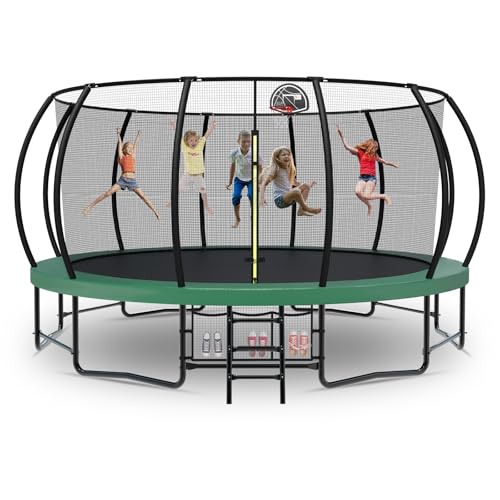 Tatub12 14 15 16FT Large Trampoline Outdoor for Kids, Basketball Hoop/Net - color: Green, size: 16FT with Storage Bag