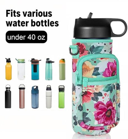 40oz Insulated Water Bottle Sling with Phone Pocket, Crossbody Carrier - color: Flower Green, size: 40oz