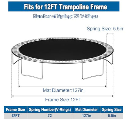 Ketofa 12FT 14FT 15FT Trampoline Mat Replacement, Fits 5.5" Springs 72 80 V-Hooks Round Trampoline Frame,Premium Trampoline Jumping Mat (Excluding Frame and Spring) - size: ‎12FT|127" Wide|72 V-Rings | Fits 5.5" Springs