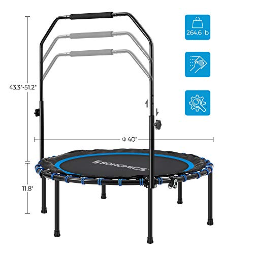 SONGMICS 40 Inches Mini Fitness Trampoline, Fitness Rebounder with Adjustable Handrail, Foldable Trampoline for At-Home Workout, Max. Load 264.6 lb - color: Blue + Black