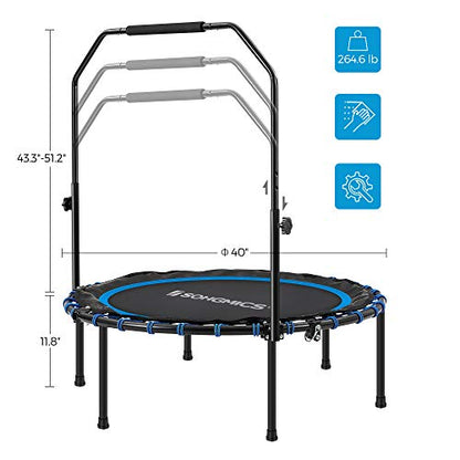 SONGMICS 40 Inches Mini Fitness Trampoline, Fitness Rebounder with Adjustable Handrail, Foldable Trampoline for At-Home Workout, Max. Load 264.6 lb - color: Blue + Black