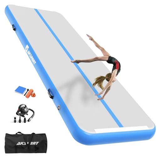 AKSPORT Gymnastics Air Mat Tumble Track Tumbling Mat Inflatable Floor Mats with Air Pump for Home Use/Tumble/Gym/Training/Cheerleading/Parkour/Beach/Park/Water - color: Light Blue, size: 10ftx3.3ftx4inch
